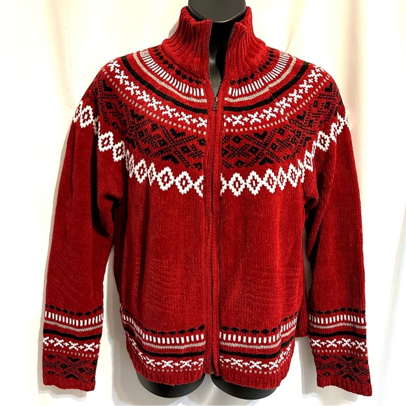 Blair Sweaters - VINTAGE BLAIR FAIR ISLE CHENILLE ZIP MOCK NECK CARDIGAN SWEATER IN RED WINE. 2XL